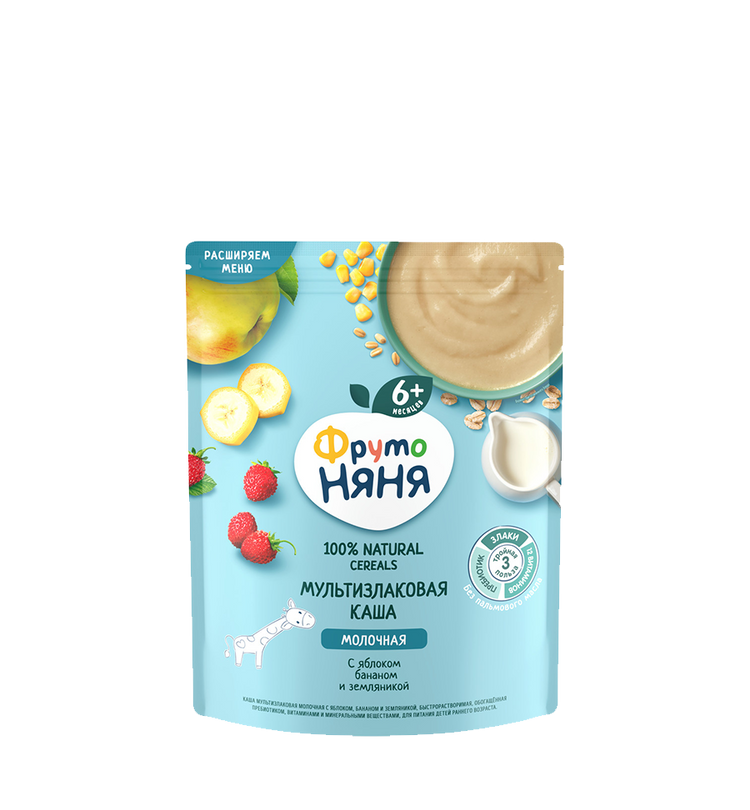 FrutoNyanya dry multigrain milk porridge with apple, banana, and strawberry, 200 g