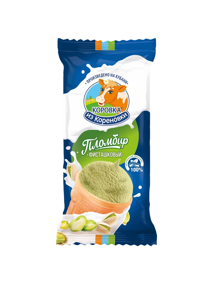 Мороженое пломбир фисташковый в вафельном стаканчике Коровка из Кореновки 80г.